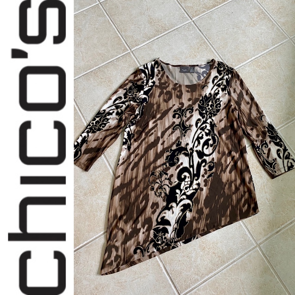 Chico’s 3/4 sleeve asymmetric animal print blouse